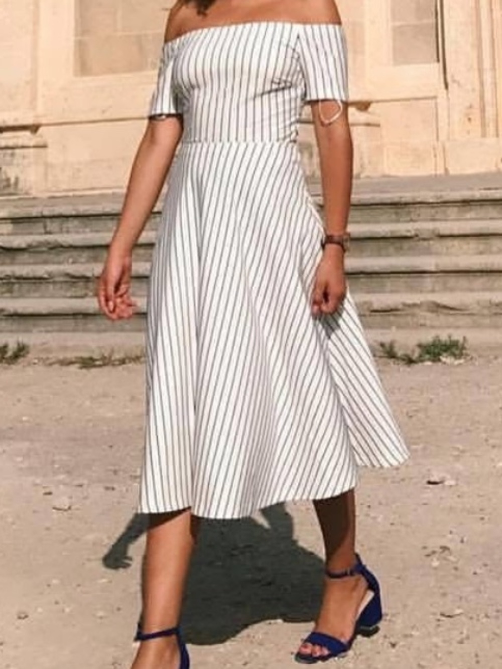 Off-Shoulder White Stripe Midi Dress